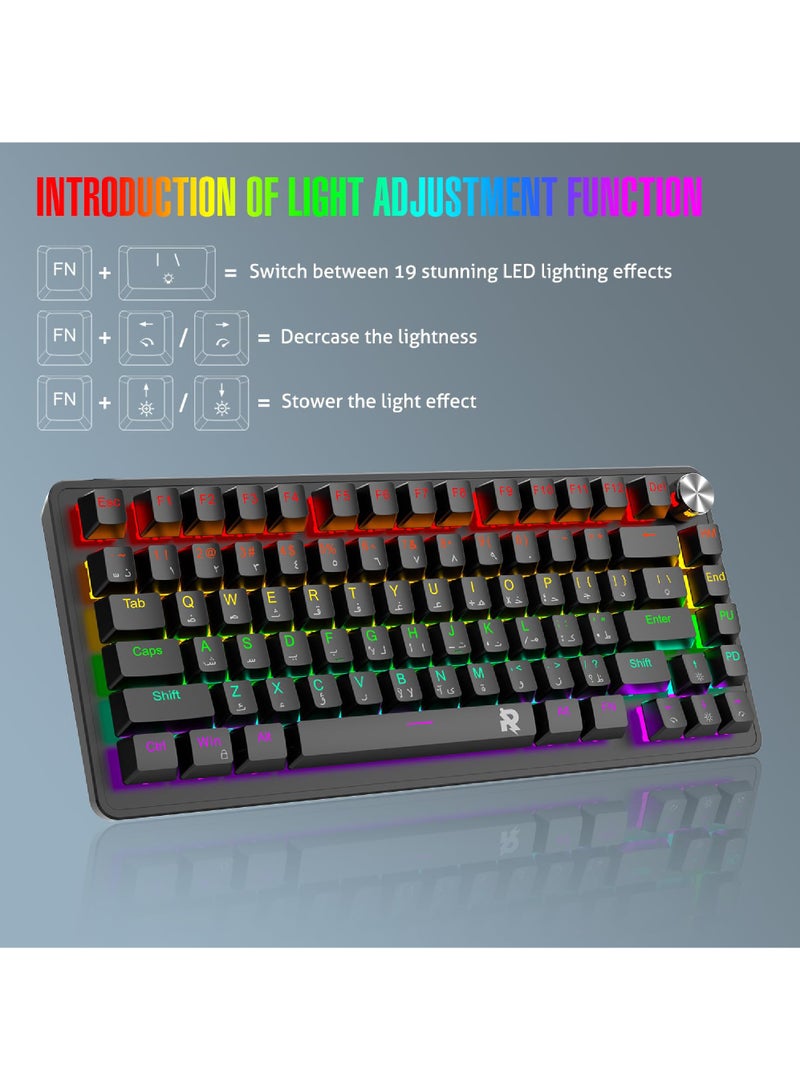 Rock Pow ROCK POW 70% Gaming Keyboard,Arabic English 82 Keys Mechanical Keyboard with RGB Backlit 19 Modes,Volume Lighting Knob Wired Mini PBT Keycaps for PC Gaming and Working (Red Switch)  - Image 4