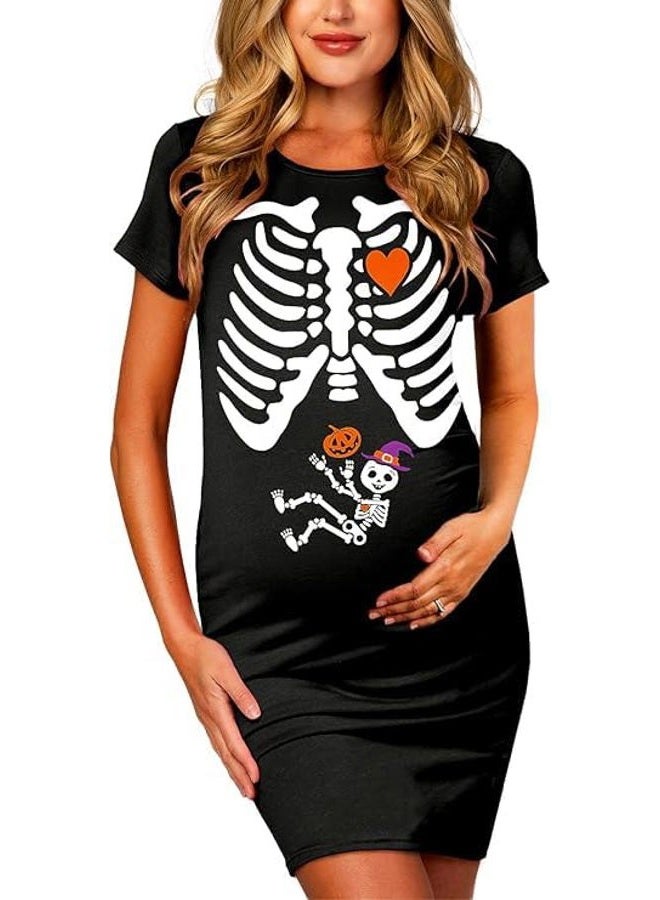 Deerose Halloween Maternity Dresses for Mommy to Be Women Baby Shower Side Ruched Skeleton Costume Dress Black M - Image 1