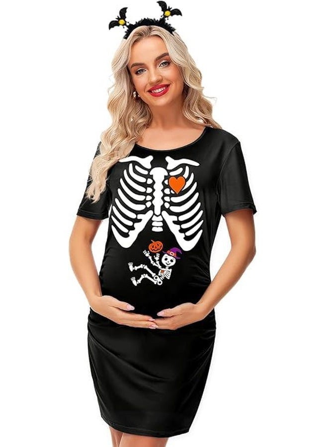 Deerose Halloween Maternity Dresses for Mommy to Be Women Baby Shower Side Ruched Skeleton Costume Dress Black M - Image 2