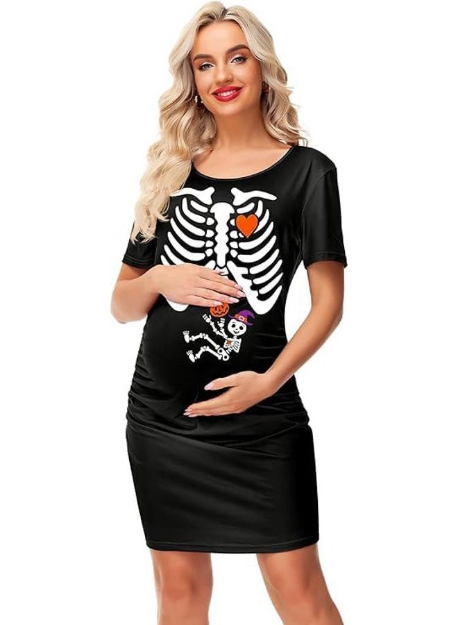Deerose Halloween Maternity Dresses for Mommy to Be Women Baby Shower Side Ruched Skeleton Costume Dress Black M - Image 4