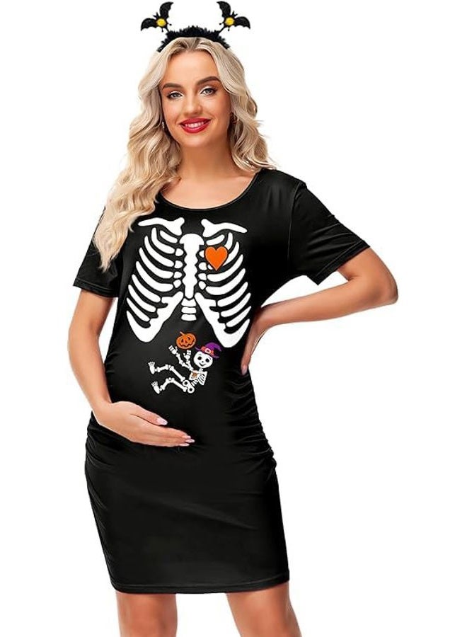 Deerose Halloween Maternity Dresses for Mommy to Be Women Baby Shower Side Ruched Skeleton Costume Dress Black M - Image 3