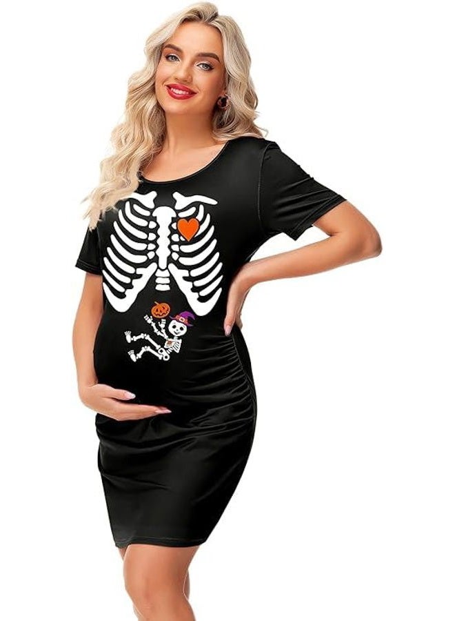 Deerose Halloween Maternity Dresses for Mommy to Be Women Baby Shower Side Ruched Skeleton Costume Dress Black M - Image 5