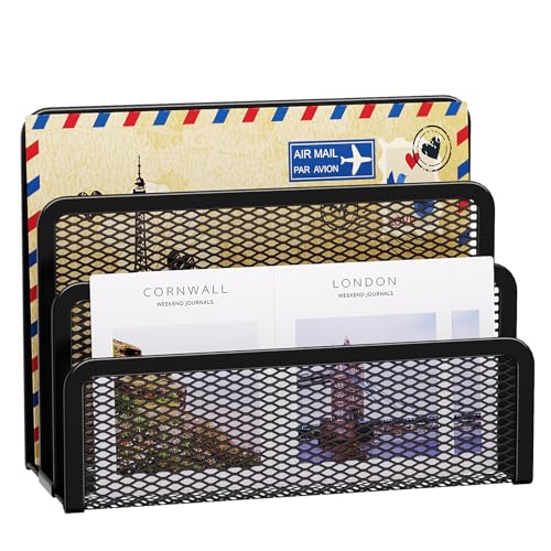 Marbrasse Mail Organizer for Desk 3Slot Mesh Metal Mail Holder countertop Letter Holder Office Desktop Envelope and Document Storage Rack Black - Image 1