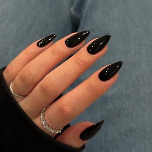 KQueenest 48 Pcs Black Press on Nails Almond Medium Length Press on Black Nails Solid Color Medium Fake Nails Acrylic Stiletto Nails Glue on LongLasting Gel Stick on Nails for Women Gift - Image 1