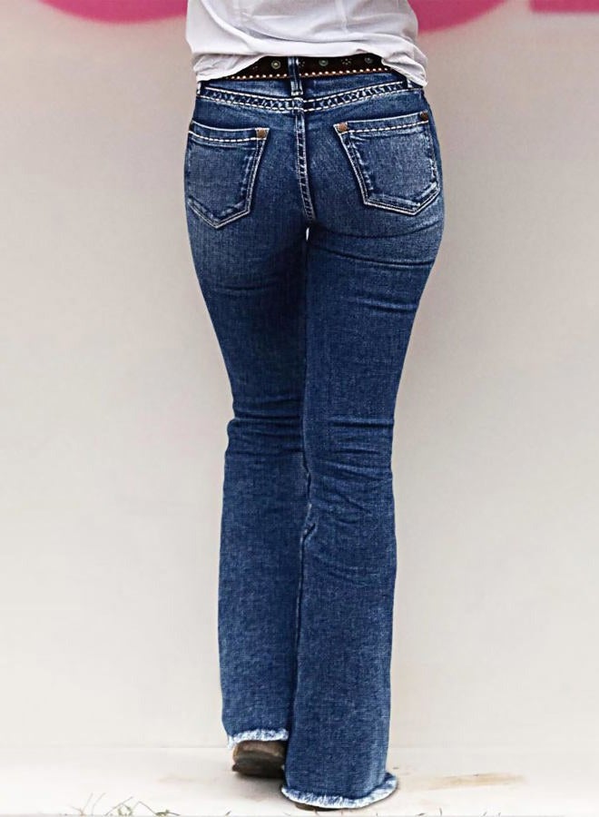 Flamingals Women's Buttoned Hem Bootcut Jeans Without Belt Mid Waist Casual Pants Navy Blue, Sky Navy Blue, L - Image 3