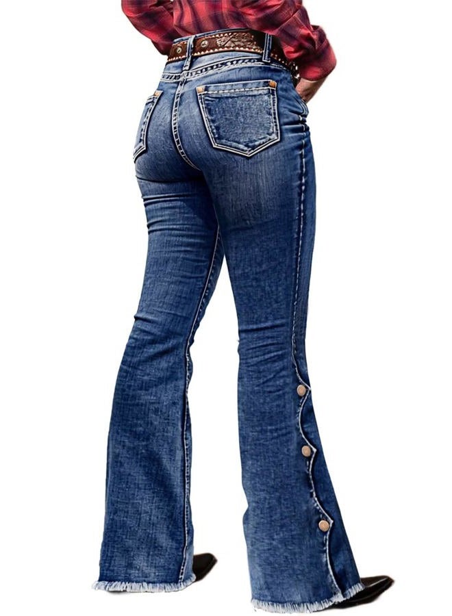 Flamingals Women's Buttoned Hem Bootcut Jeans Without Belt Mid Waist Casual Pants Navy Blue, Sky Navy Blue, L - Image 1