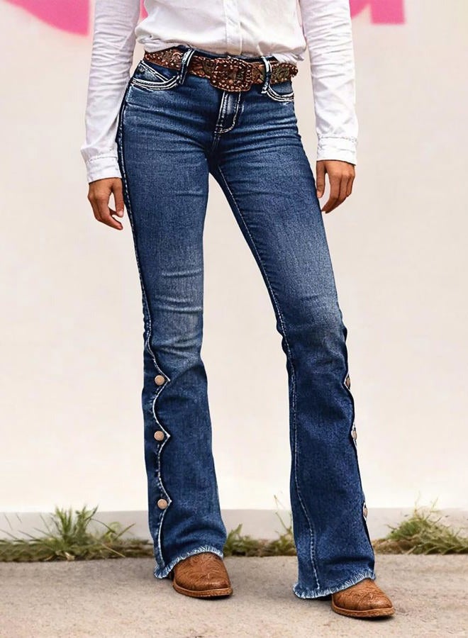 Flamingals Women's Buttoned Hem Bootcut Jeans Without Belt Mid Waist Casual Pants Navy Blue, Sky Navy Blue, L - Image 2