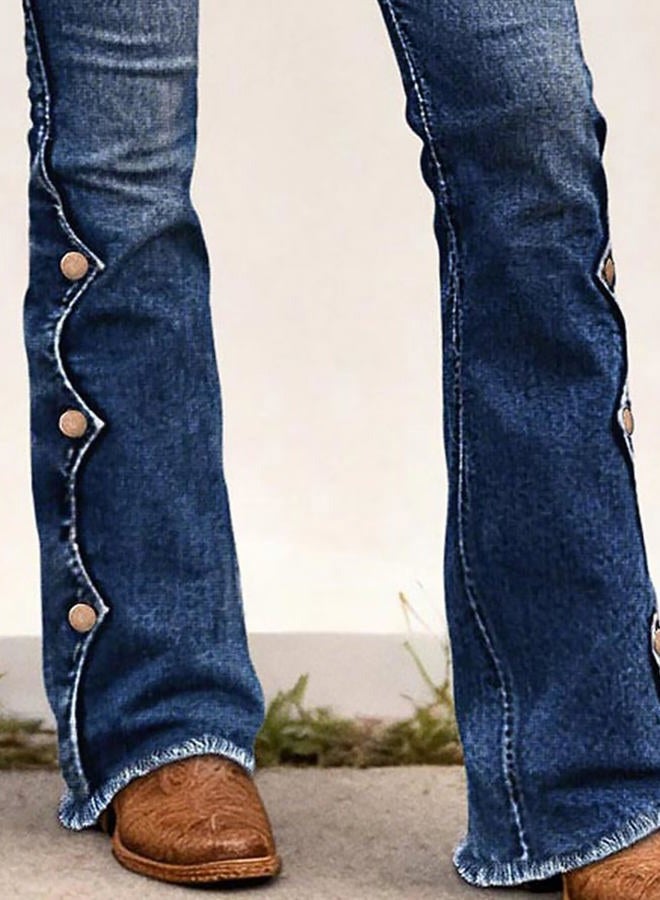 Flamingals Women's Buttoned Hem Bootcut Jeans Without Belt Mid Waist Casual Pants Navy Blue, Sky Navy Blue, L - Image 5