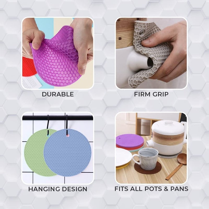 ADBERG ADBERG Silicone Pot Holder and Oven Mitts, Multipurpose Non-Slip Insulation Honeycomb Rubber Hot Pads Trivet, Heat Resistant Antislip Place Mat for Home Use (Pack of 4)  - Image 2