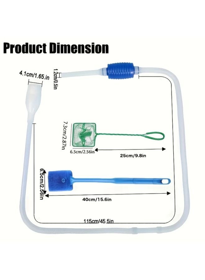 3pcs Aquarium Cleaning Kit Siphon Fish Net Double Sided Sponge Brush Set - Image 3