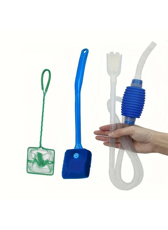 3pcs Aquarium Cleaning Kit Siphon Fish Net Double Sided Sponge Brush Set - Image 1