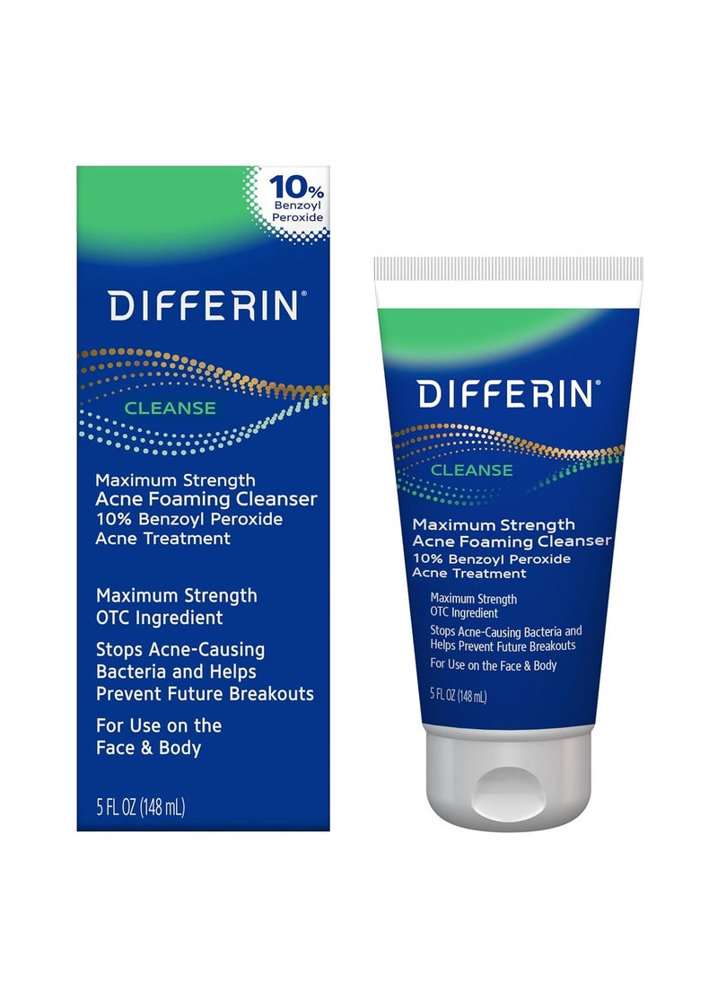 differin - Differin Acne Face Wash with 10% Benzoyl Peroxide, Maximum Strength OTC Acne Foaming Cleanser, Fast Acting Acne Treatment for Face and Body, 5 oz. - Image 1