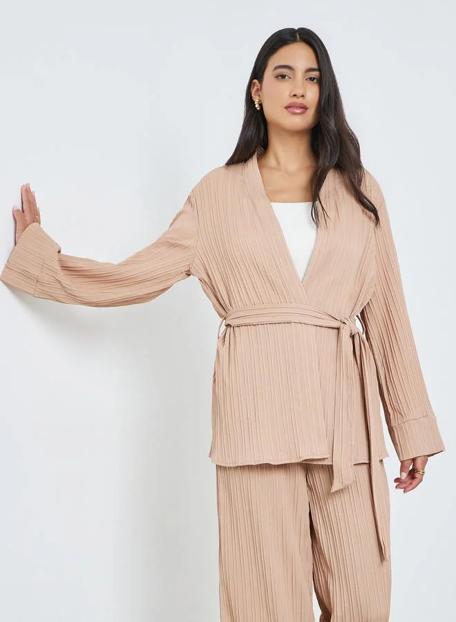 أميرة Beige Pleated Oversized Top and Wide Leg Pants Set