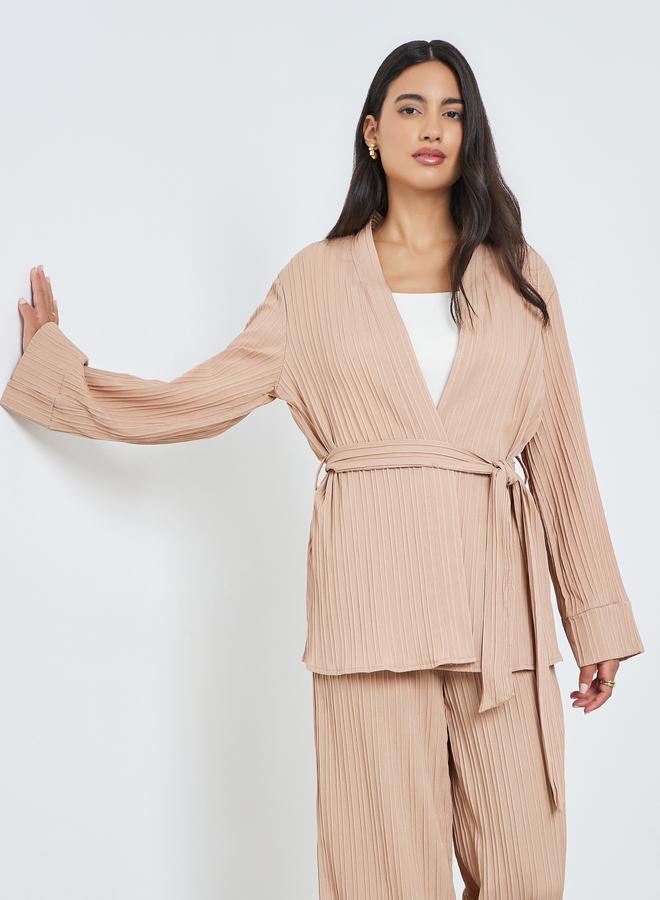 Amirah Beige Pleated Oversized Top and Wide Leg Pants Set - Image 2