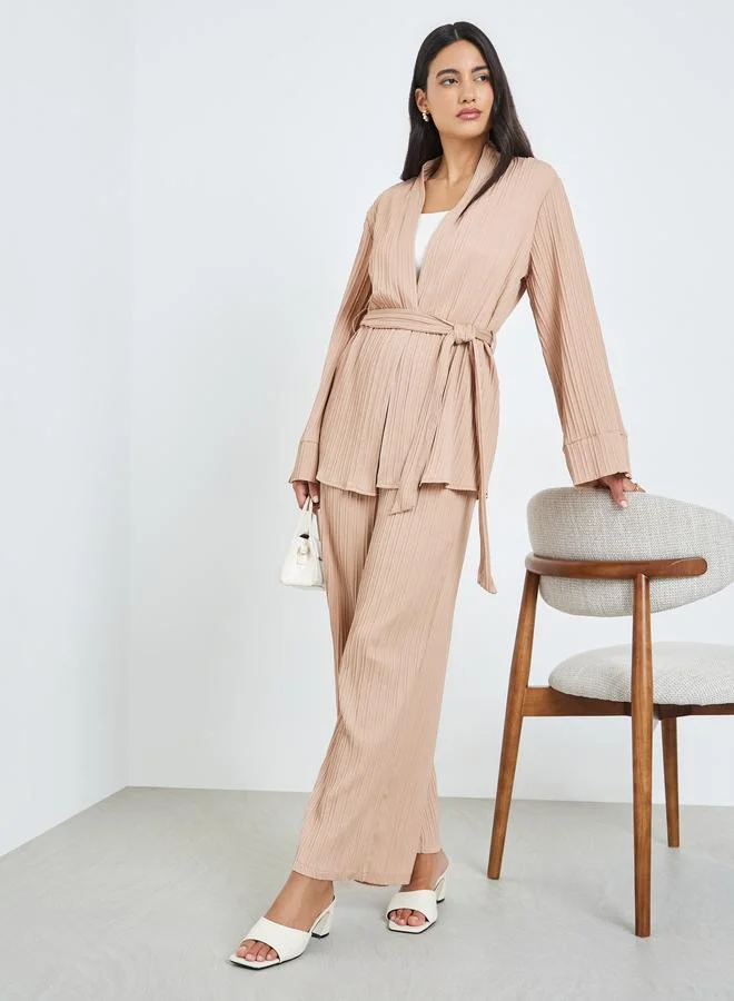 أميرة Beige Pleated Oversized Top and Wide Leg Pants Set
