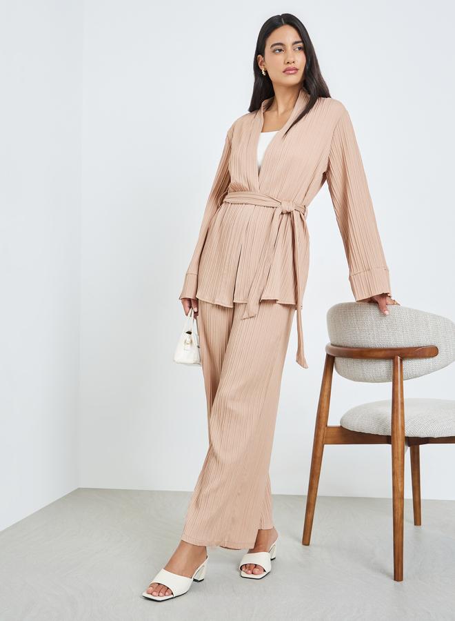 Amirah Beige Pleated Oversized Top and Wide Leg Pants Set - Image 1