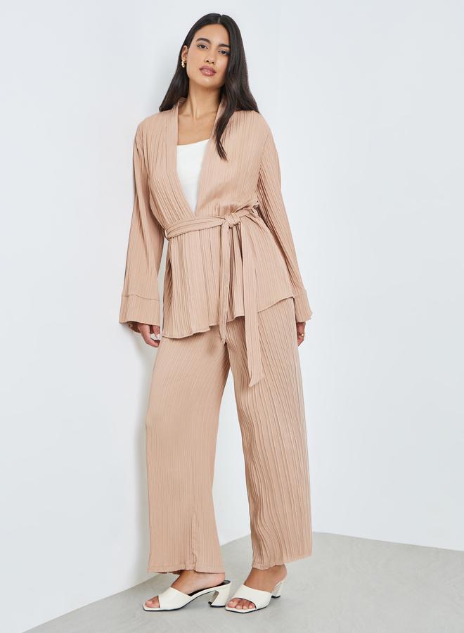 Amirah Beige Pleated Oversized Top and Wide Leg Pants Set - Image 3