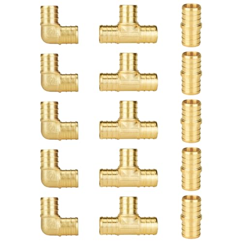 SUNGATOR 15-Pack 3/4 Inch PEX Fittings, 5 Each Elbow Tee Coupling, No Lead Brass Pex Fittings 3/4 Inch Assortment, UPC, NSF Certified - Image 1