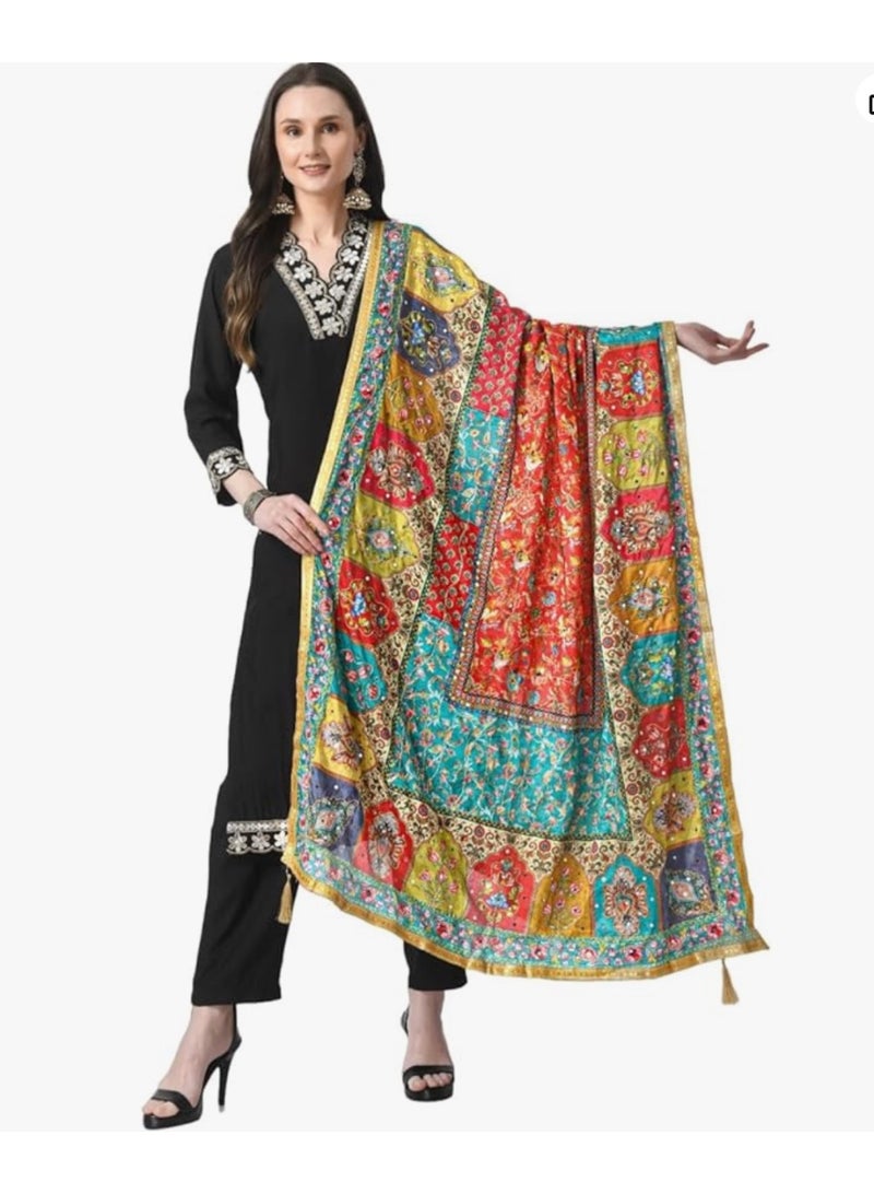 Silk Women's Pakistani Heavy Silk Dupatta with Mirror Work with Colorful Print Fancy Dupaatta - Image 1