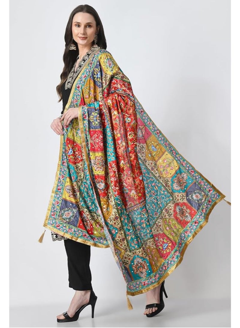Silk Women's Pakistani Heavy Silk Dupatta with Mirror Work with Colorful Print Fancy Dupaatta - Image 3