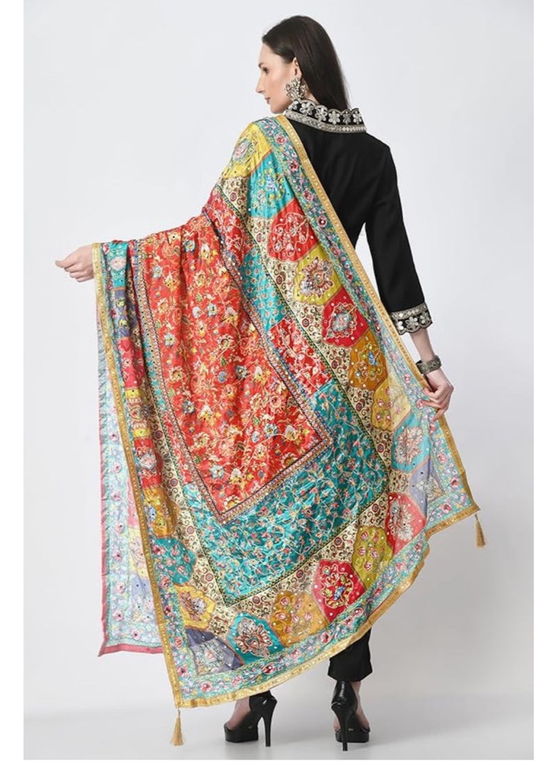 Silk Women's Pakistani Heavy Silk Dupatta with Mirror Work with Colorful Print Fancy Dupaatta - Image 2