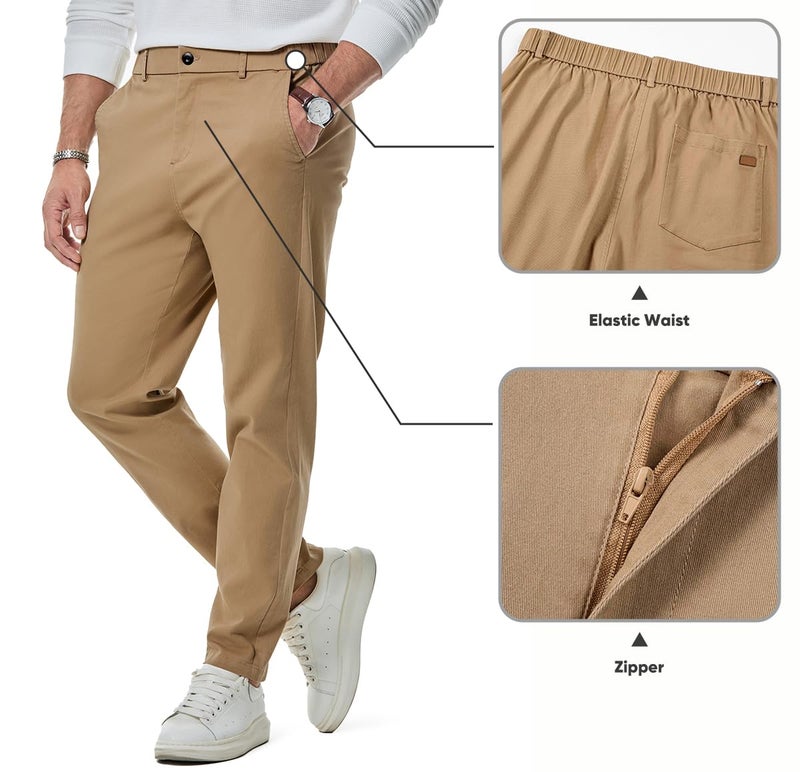 JMIERR Men's Stretch Chino Pants Business Casual Elastic Waist Travel Essentials Pant Slim Fit Tapered Cotton Twill Work Athletic Golf Dress Trousers, XL, Khaki - Image 4