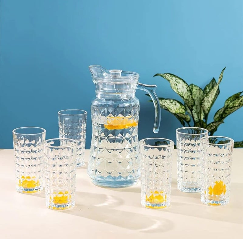 Meghasky Meghasky Italian Premium Water and Juice Glasses Set of 6 Glass 350ML and 1800ML Jug 6 Pieces Glasses 350ML and 1 Water Juice Jug 18 Liter Set of 7 PCS - Image 1