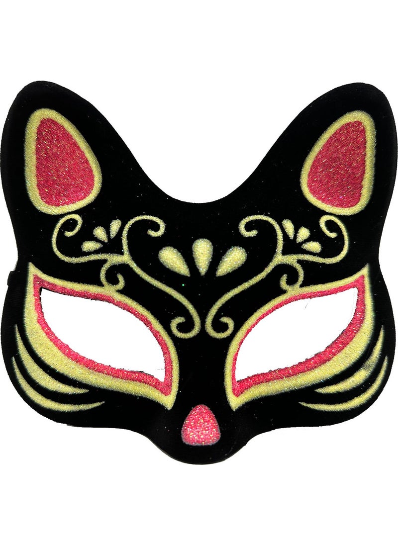 Himarry - Black Color Suede Coated Red Yellow Glitter Cat Mask 17X14 cm - Image 1