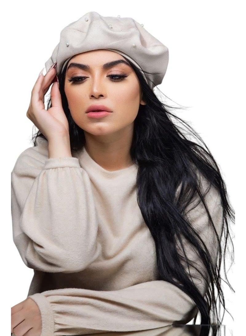 Cap Beret, suede, scalloped, decorated with pearls