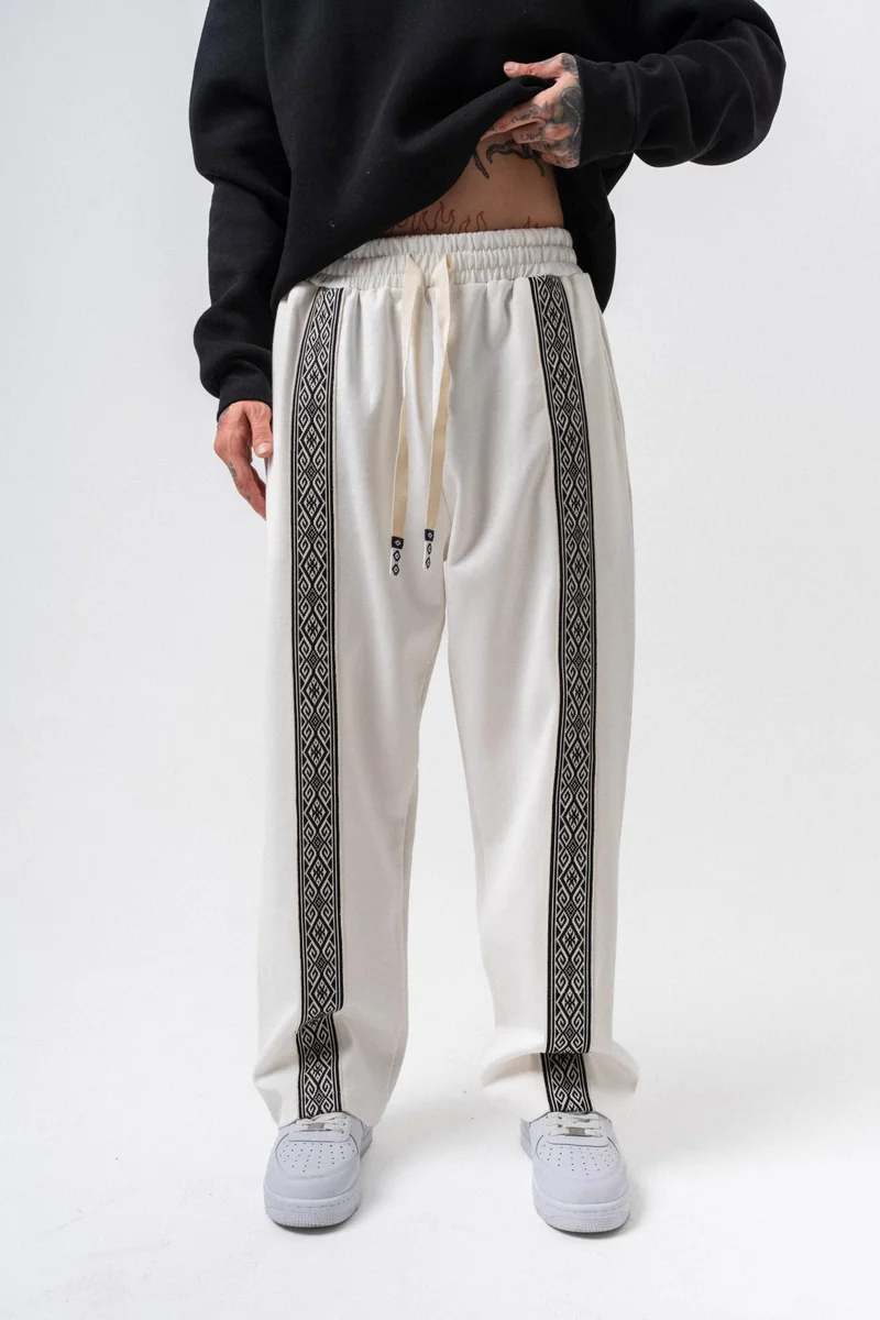 ريسباير بنطلون رياضي رجالي شتوي مزدوج الوجه مخطط عرقي فضفاض بيج