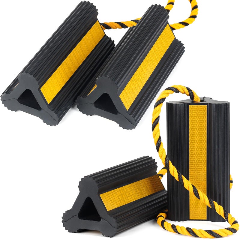OULEME Heavy Duty Rubber Wheel Chocks 2 Pair NonSlip Tire Stopper Blocks with Rope for RV Camper Travel Trailers Motorhome Aircraft Car Truck