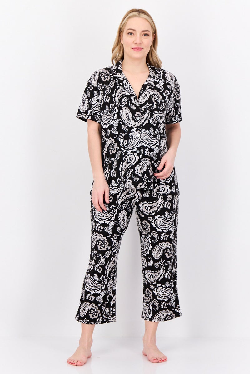 ELLEN TRACY طقم بيجاما نسائي من قطعتين بنقشة بايزيلي، أسود - Image 1