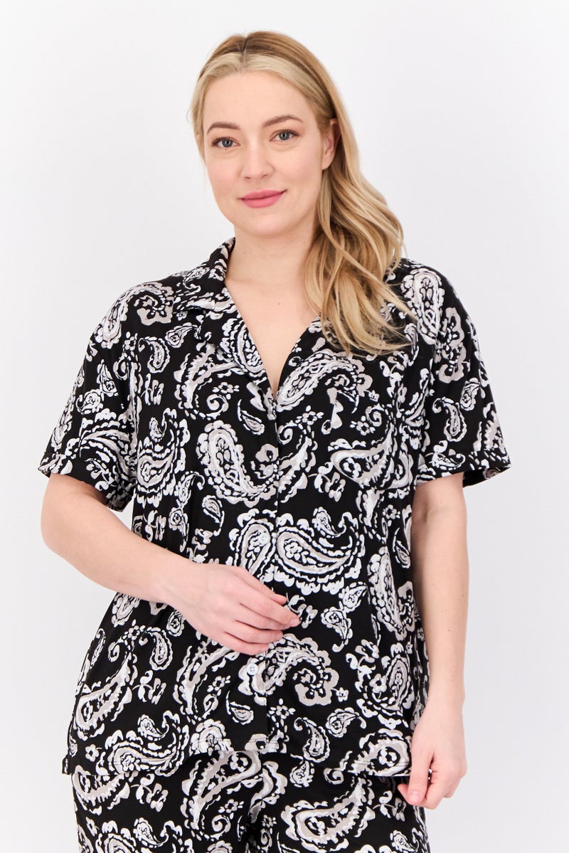 ELLEN TRACY طقم بيجاما نسائي من قطعتين بنقشة بايزيلي، أسود - Image 3