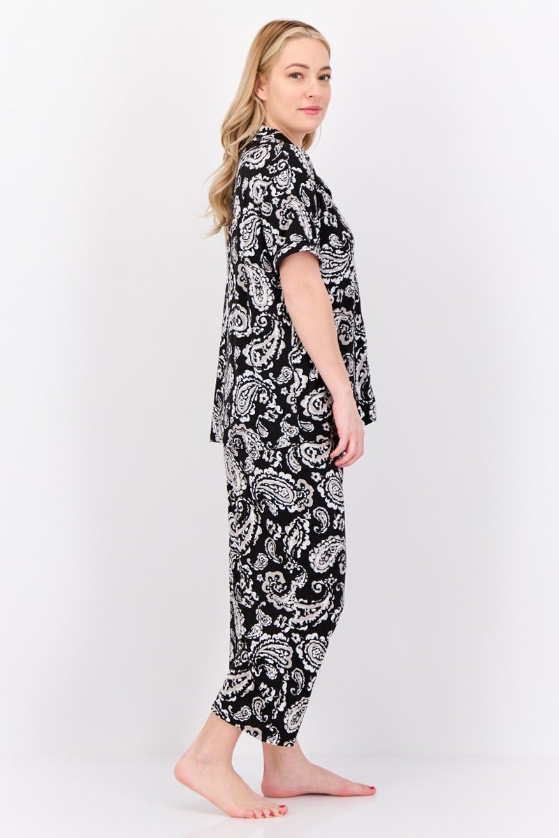 ELLEN TRACY طقم بيجاما نسائي من قطعتين بنقشة بايزيلي، أسود - Image 2