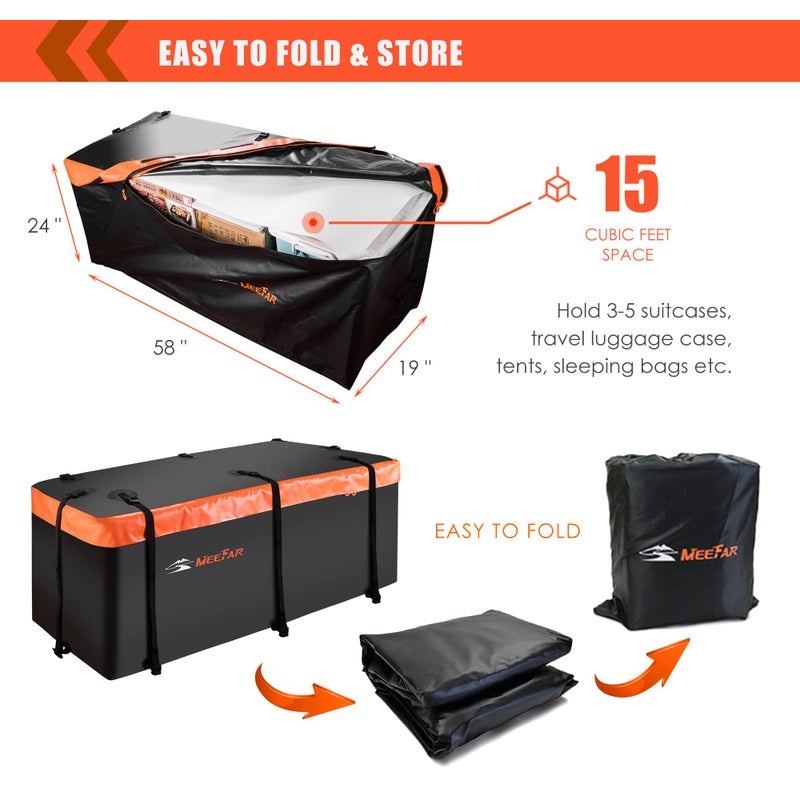 MeeFar Hitch Mount Cargo Carrier Bag Soft Shell 100% Waterproof 15 Cubic Feet (58" 24" 19") Include 8 Reinforced Straps for Truck Pickup All Vehicle with Steel Cargo Basket - Image 4