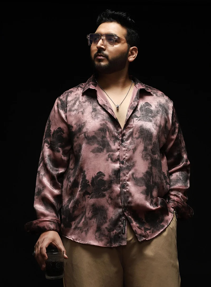 Instafab Plus Instafab Plus Men's Dark Mauve Gleaming-Blur Shirt | Spread Collar , Long Cuffed Sleeves , Button Closure , Curved Hemline | Abstract-Print Suede Feel Cotton-Blend Material For Evening & Party Wear