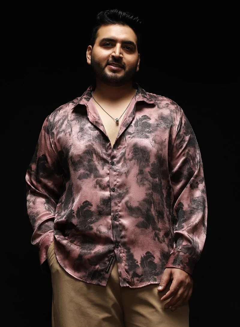 Instafab Plus Instafab Plus Men's Dark Mauve Gleaming-Blur Shirt | Spread Collar , Long Cuffed Sleeves , Button Closure , Curved Hemline | Abstract-Print Suede Feel Cotton-Blend Material For Evening & Party Wear