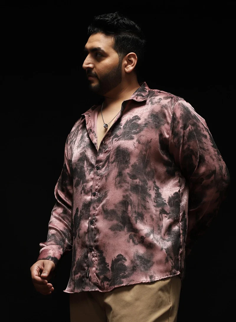 Instafab Plus Instafab Plus Men's Dark Mauve Gleaming-Blur Shirt | Spread Collar , Long Cuffed Sleeves , Button Closure , Curved Hemline | Abstract-Print Suede Feel Cotton-Blend Material For Evening & Party Wear