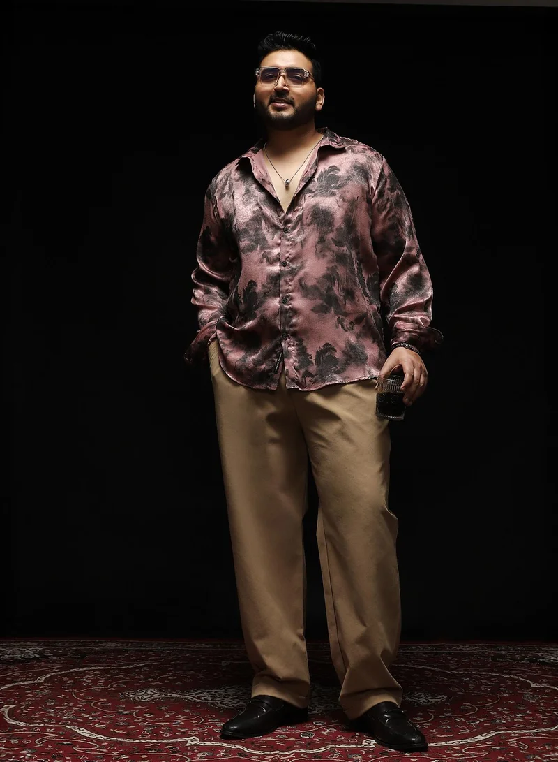 Instafab Plus Instafab Plus Men's Dark Mauve Gleaming-Blur Shirt | Spread Collar , Long Cuffed Sleeves , Button Closure , Curved Hemline | Abstract-Print Suede Feel Cotton-Blend Material For Evening & Party Wear