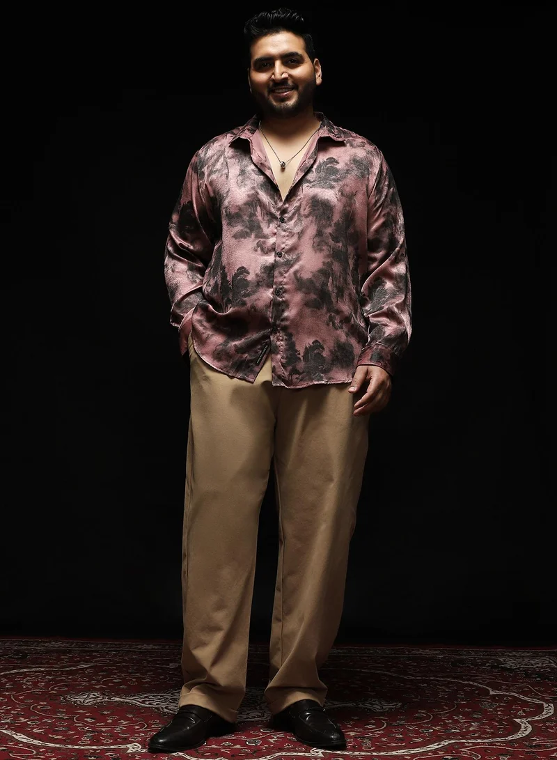 Instafab Plus Instafab Plus Men's Dark Mauve Gleaming-Blur Shirt | Spread Collar , Long Cuffed Sleeves , Button Closure , Curved Hemline | Abstract-Print Suede Feel Cotton-Blend Material For Evening & Party Wear