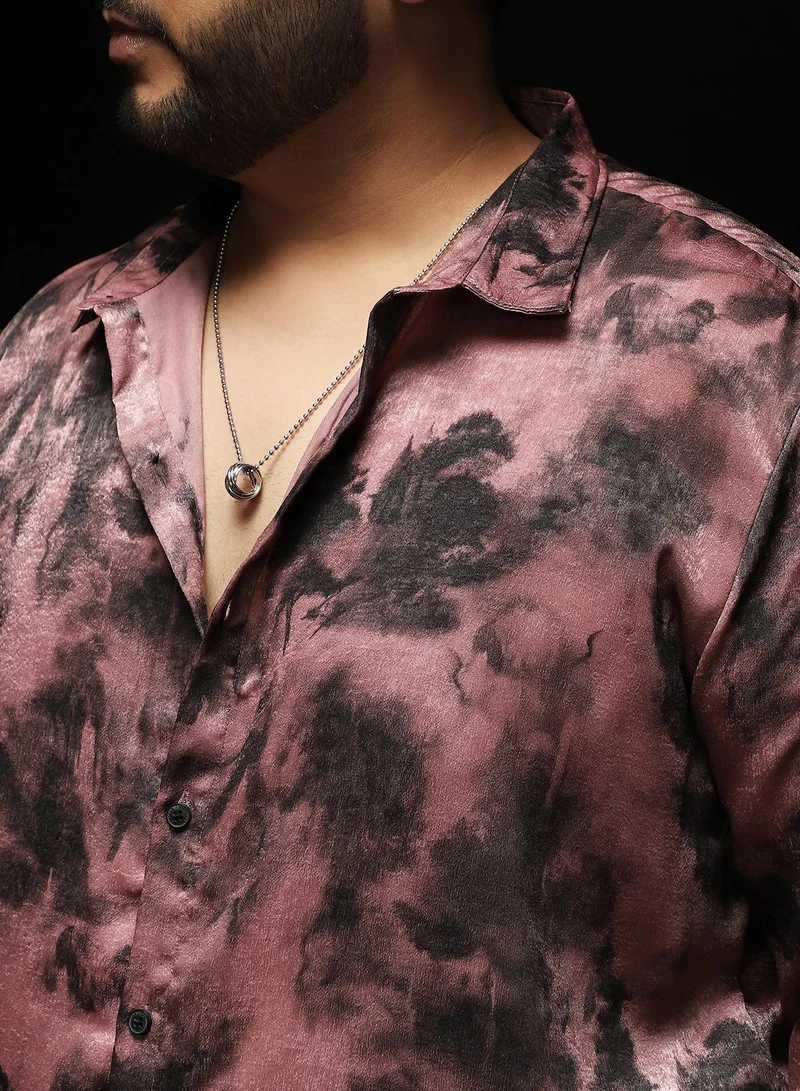 Instafab Plus Instafab Plus Men's Dark Mauve Gleaming-Blur Shirt | Spread Collar , Long Cuffed Sleeves , Button Closure , Curved Hemline | Abstract-Print Suede Feel Cotton-Blend Material For Evening & Party Wear