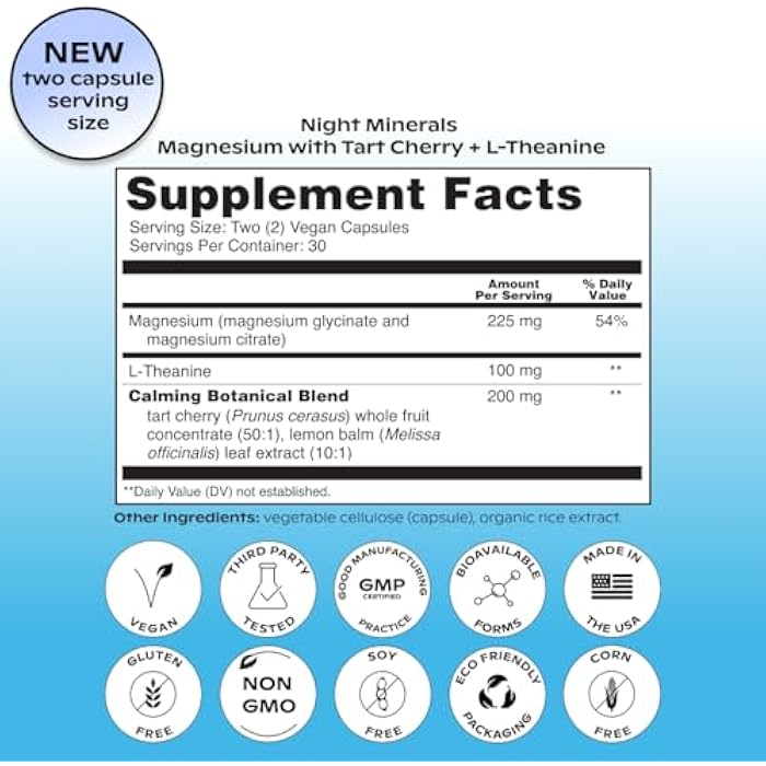 wholier Magnesium Glycinate, L-Theanine, Tart Cherry Juice. Natural Support for Sleep, Stress + Relaxation. Melatonin-Free. Night Minerals. (60 Vegan Capsules) Glass Bottle - Image 5