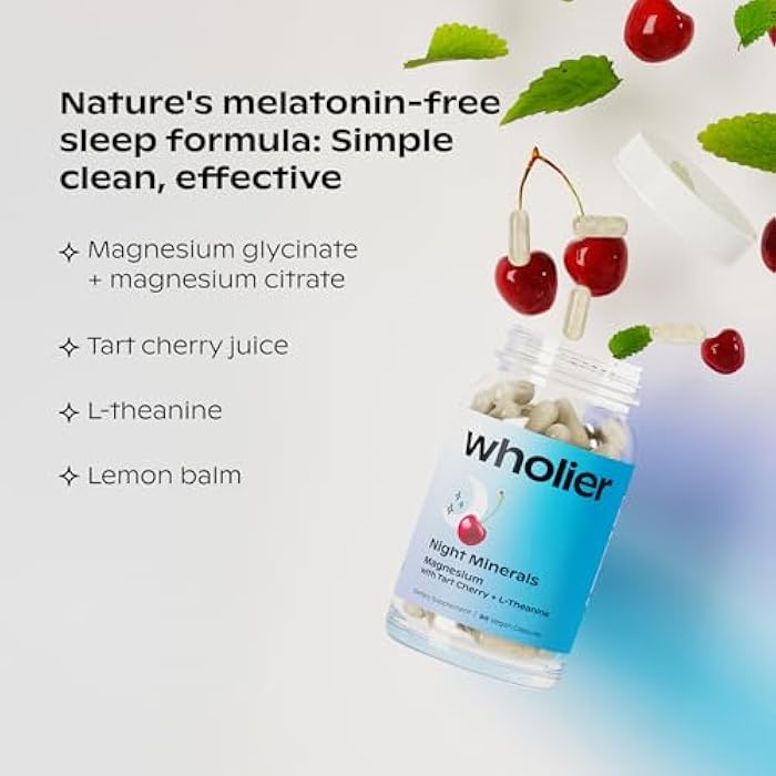 wholier Magnesium Glycinate, L-Theanine, Tart Cherry Juice. Natural Support for Sleep, Stress + Relaxation. Melatonin-Free. Night Minerals. (60 Vegan Capsules) Glass Bottle - Image 3