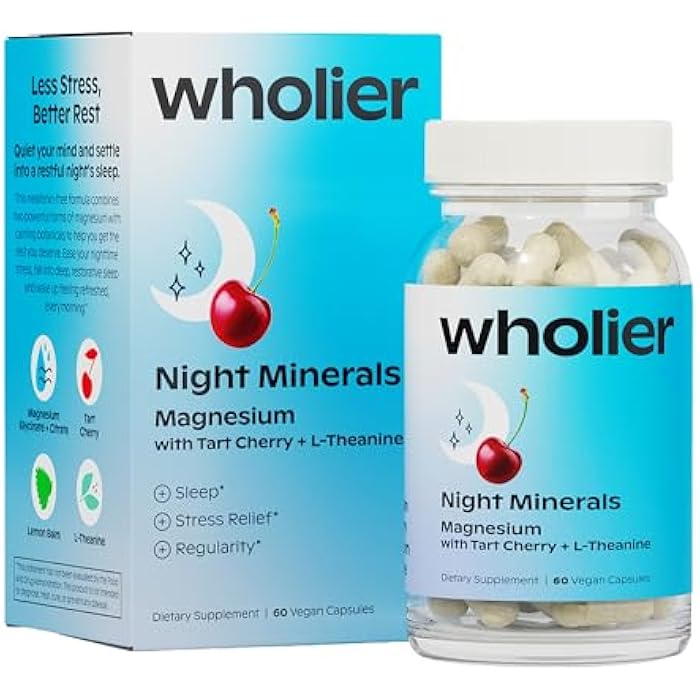 wholier Magnesium Glycinate, L-Theanine, Tart Cherry Juice. Natural Support for Sleep, Stress + Relaxation. Melatonin-Free. Night Minerals. (60 Vegan Capsules) Glass Bottle - Image 1