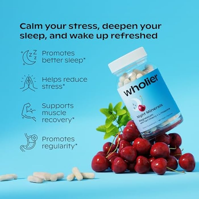 wholier Magnesium Glycinate, L-Theanine, Tart Cherry Juice. Natural Support for Sleep, Stress + Relaxation. Melatonin-Free. Night Minerals. (60 Vegan Capsules) Glass Bottle - Image 2