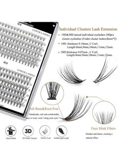 DIY Lash Extension Kit, Missicee Individual Lashes Kit with 240 Pcs Lash Clusters 5ml Cluster Lash Bond and Seal 1 Eyelash Applicator for Beginner DIY at Home Easy to Apply (10D+20D-D Curl-8-12 mix)