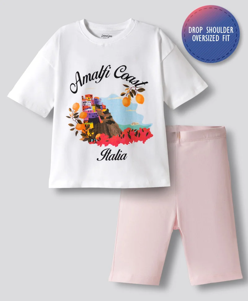 Primo Gino Primo Gino Cotton Half Sleeve Oversized Printed T-Shirt & Short Set - White & Light Pink