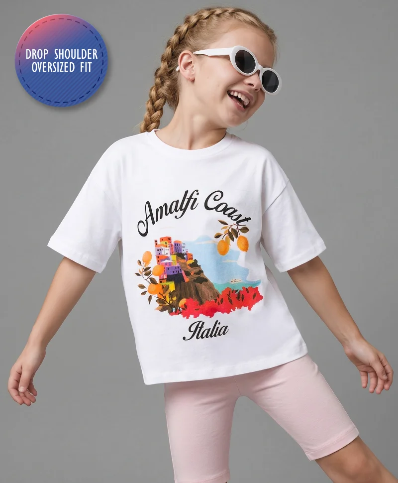 Primo Gino Primo Gino Cotton Half Sleeve Oversized Printed T-Shirt & Short Set - White & Light Pink
