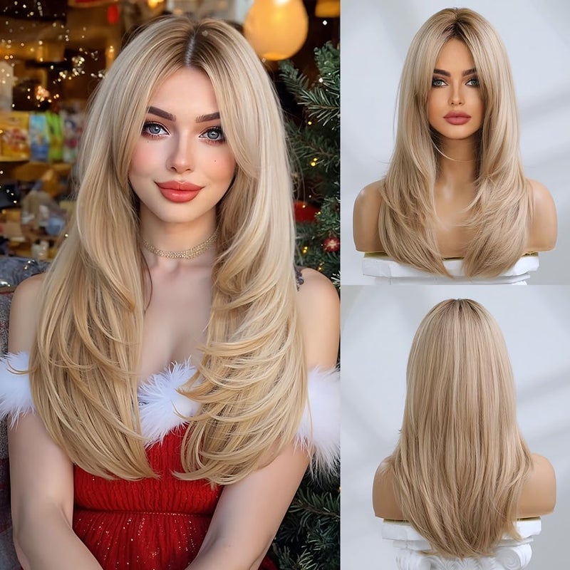 Esmee Long Blonde Wigs for Women Layered Synthetic Hair Ombre Wig with Dark Roots for Daily Party Cosplay Wea -20 Inches - Image 1