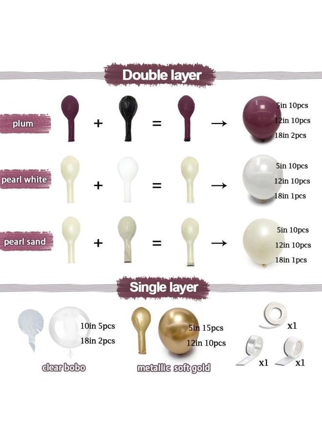 Partycus Dark Purple White Balloon Arch Kit, Double Stuffed Plum Burgundy Pearl White Sand Gold Balloon Garland with Clear Bobo Latex for Birthday Baby Shower Bridal Wedding Anniversary Party Decoration - Image 4